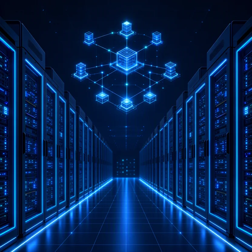Illustration of AI infrastructure: a data center corridor with glowing GPU server racks and a floating network topology