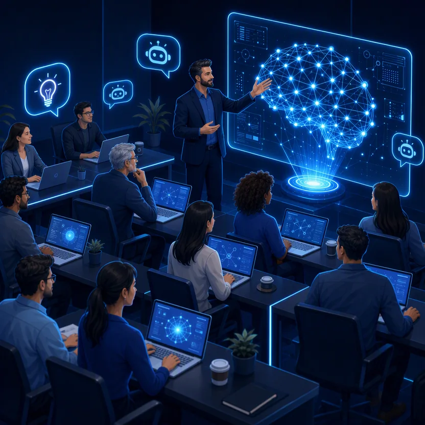 Illustration of corporate AI training: an instructor teaching beside a holographic neural network screen while attendees work on laptops