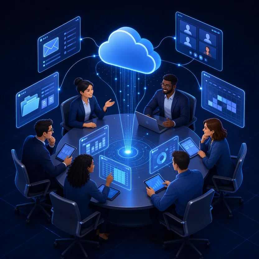 Illustration of cloud productivity: a business team collaborating around a table surrounded by email, document and video-call app windows connected to the cloud